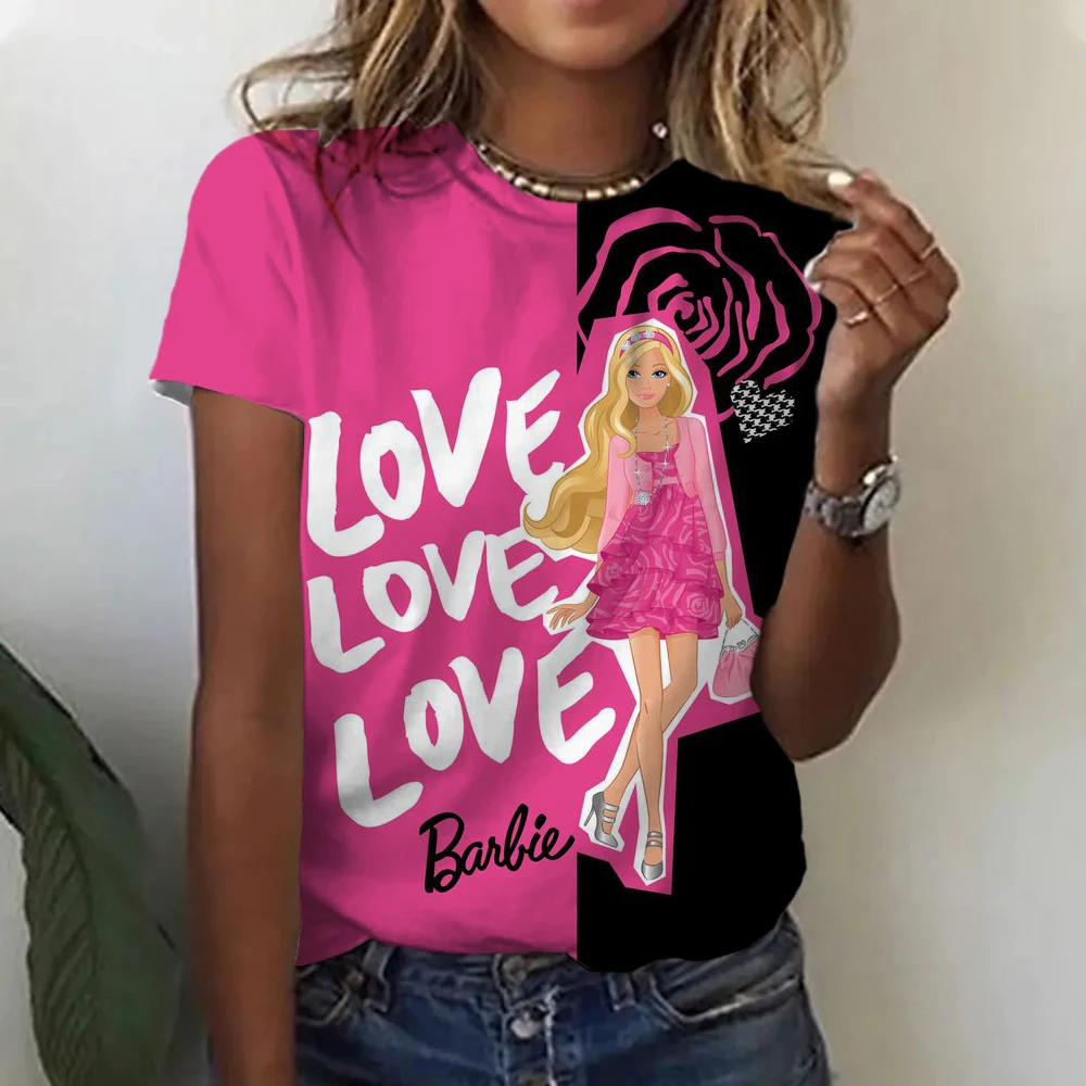 Barbie Short Sleeves Fashion Ladies Printed Pullover Round Neck T-shirt Y2k Girls Loose Soft Summer Tops Versatile Yoga Clothes