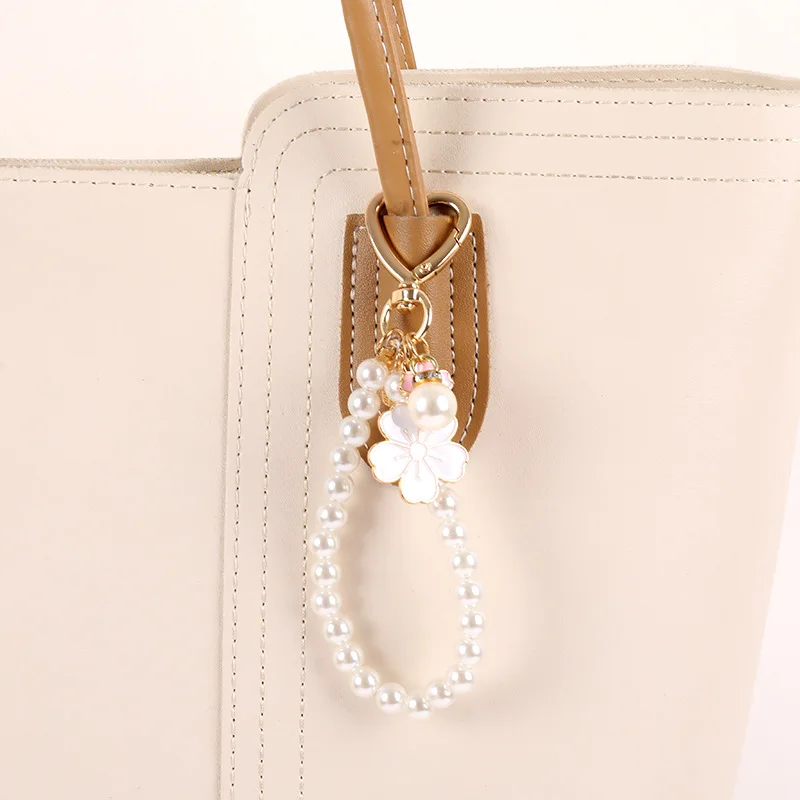 Lovely Cherry Blossoms Keychain Pearl Chain Letter Pendant Women Car Key Ring Headphone Case Charms Bag Decor Accessories