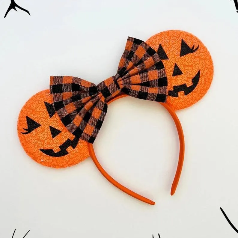 

Волосы Miniso на Хэллоуин, забавная повязка на голову в виде тыквы, повязка на голову с бантом и блестками Микки, европейские и американские детские вечерние аксессуары для волос