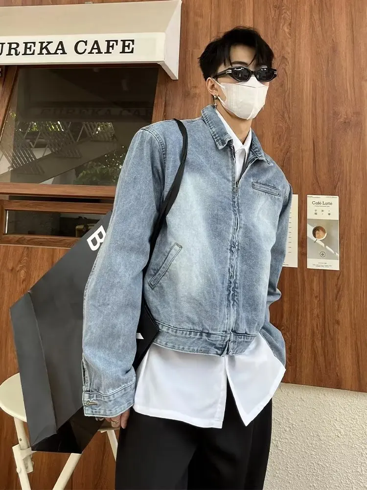 

Waed Denim Jaet Men's ort Sle American Retro Street Faion Design Zipper Coat Youth Trend Autumn Wear Casual Outerwear