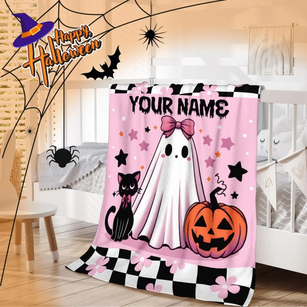 1Pc Custom Name/Text Halloween Pumpkin Ghost Design Flannel Blanket,Soft and Comfortable,Suitable for Office,Home,Unique Present