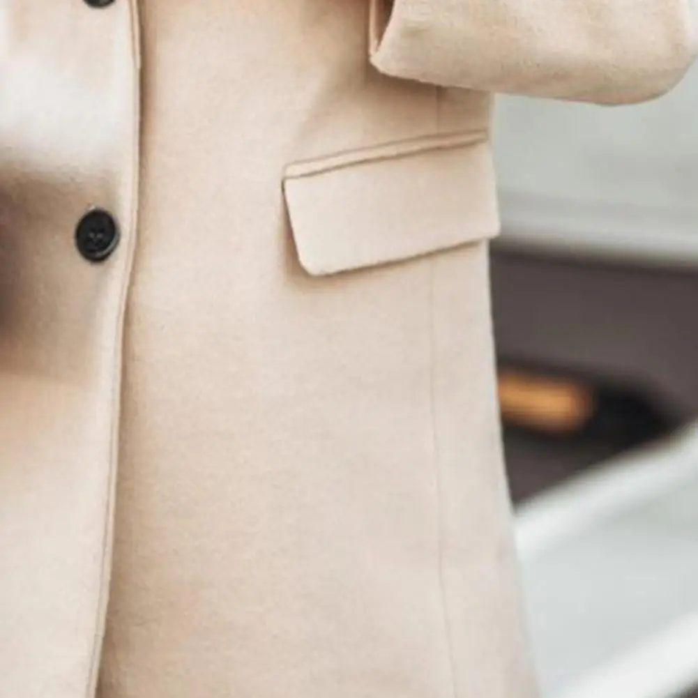 Long Sleeve Two Buttons Women Coat Autumn Winter Flap Pockets Lapel Long Warm Woolen Coat Ladies Clothing