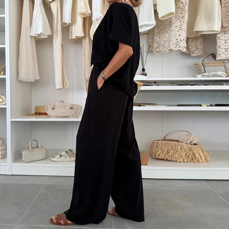 

Summer Short Sleeve Two Piece Suit Simple Casual Solid Color Loose Women Outfit Spring Round Neck Top T-shirt & Lace-up Pant Set