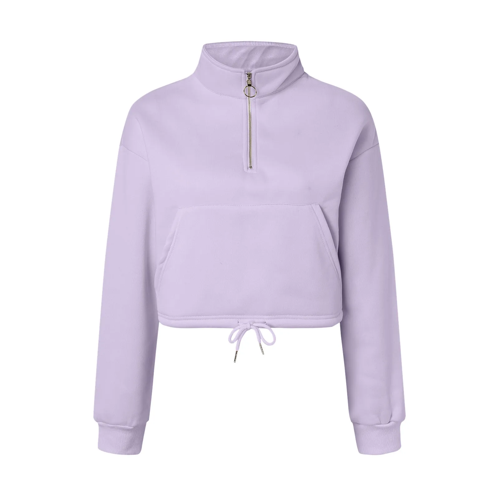 Women Fashion Sweatshirt Solid Color Stand Collar Zipper Drawstring Cropped Top Casual Long Sleeve Hoodie Blouse And Pants Set