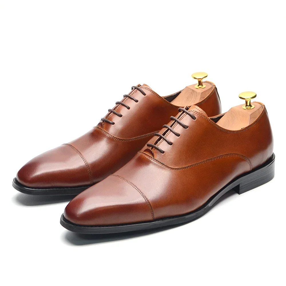 Black Brown Men\'s Dress Shoes Genuine Leather Cap Toe Oxford Suit Shoes Lace Up Business Office Wedding Formal Footwear Male