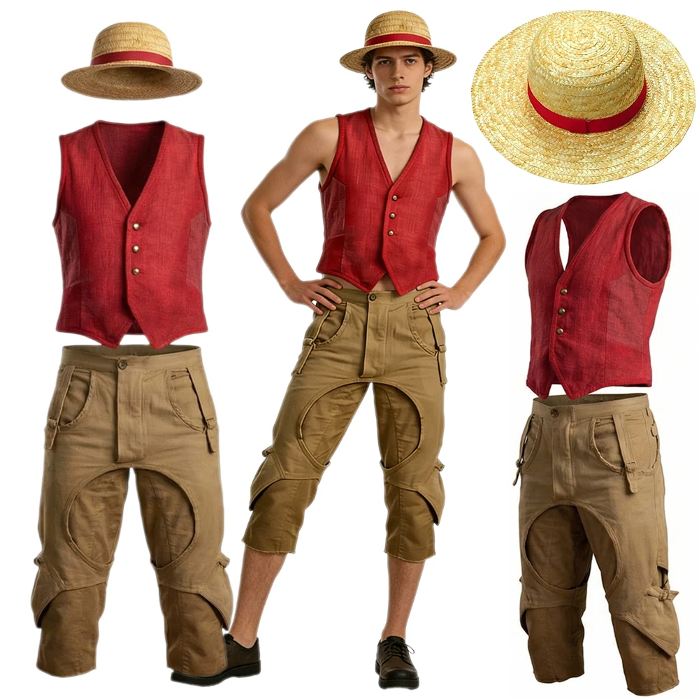 

Anime Luffy Cosplay ルフィ Costume Live Action TV Piece Monkey D Sun God Carnival Party Red Top Pants Cos Suits Hat Adult Kids