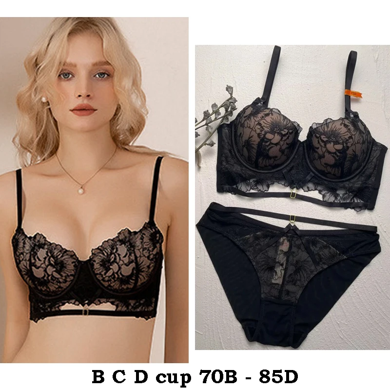 high quality sexy women bras and brief set push up B C D cup lace comfortable wire summer lingerie underwear black white purple