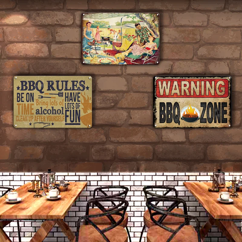 3pcs BBQ Zone Metal Tin Sign Suitable for Home Kitchen Patio Porch Restaurant BBQ Additions 8 X 12 Inches