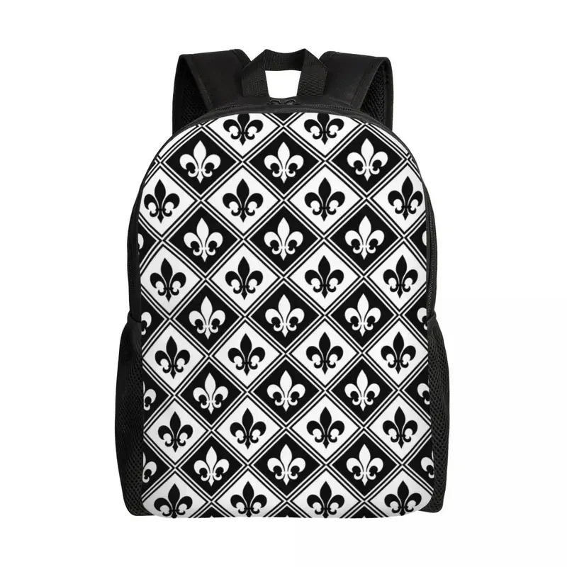 

Black Fleur De Lis And Diamond Pattern Travel Backpack School Computer Bookbag Fleur-De-Lys Lily Floral College Daypack Bags