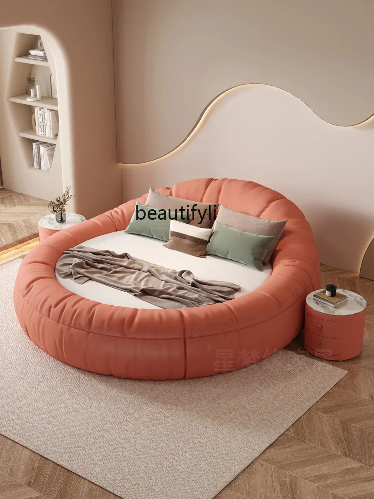 Cream Style Technology Fabric Large round Bed round Double Male Master Bedroom Couple Homestay Hotel Couple Luxury Marriage Bed