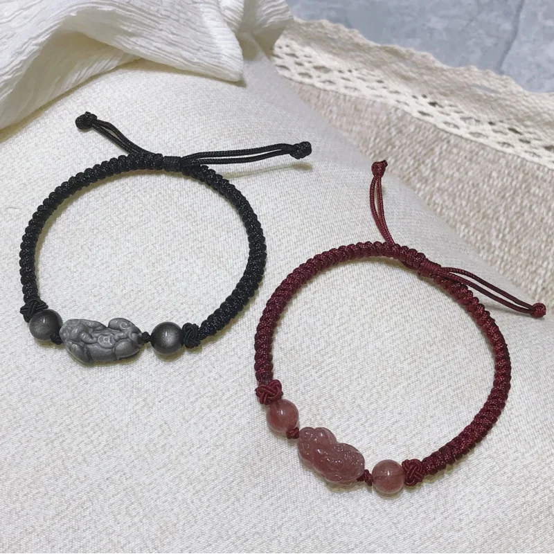 Couple PI xiu crystal bracelet lovers a male and female niche design braided red rope strawberry crystal his and hers