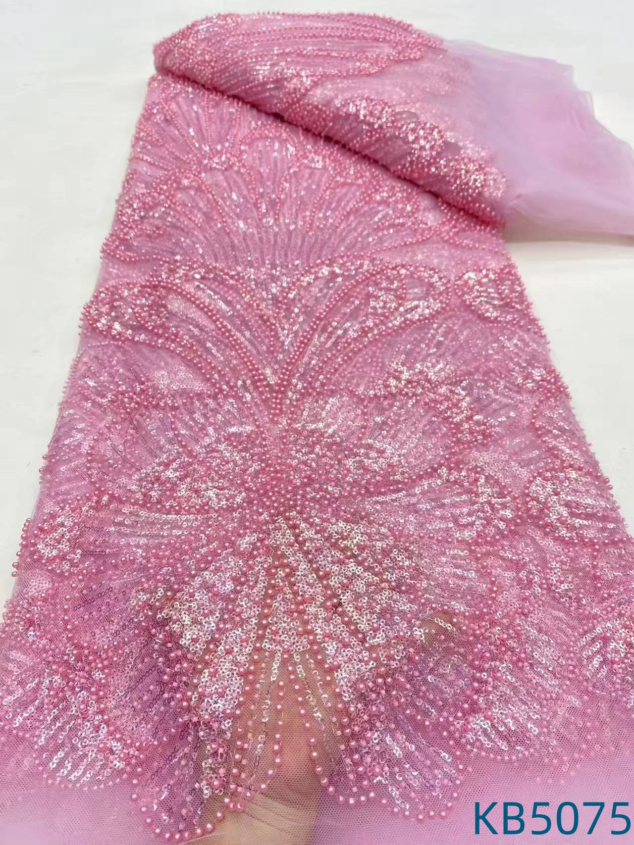 

Pink Dubai Beaded Lace Fabrics African Lace Fabric 5 Yards High Quality 2024 Peals With Sequins Fabrics For Sewing KB5075