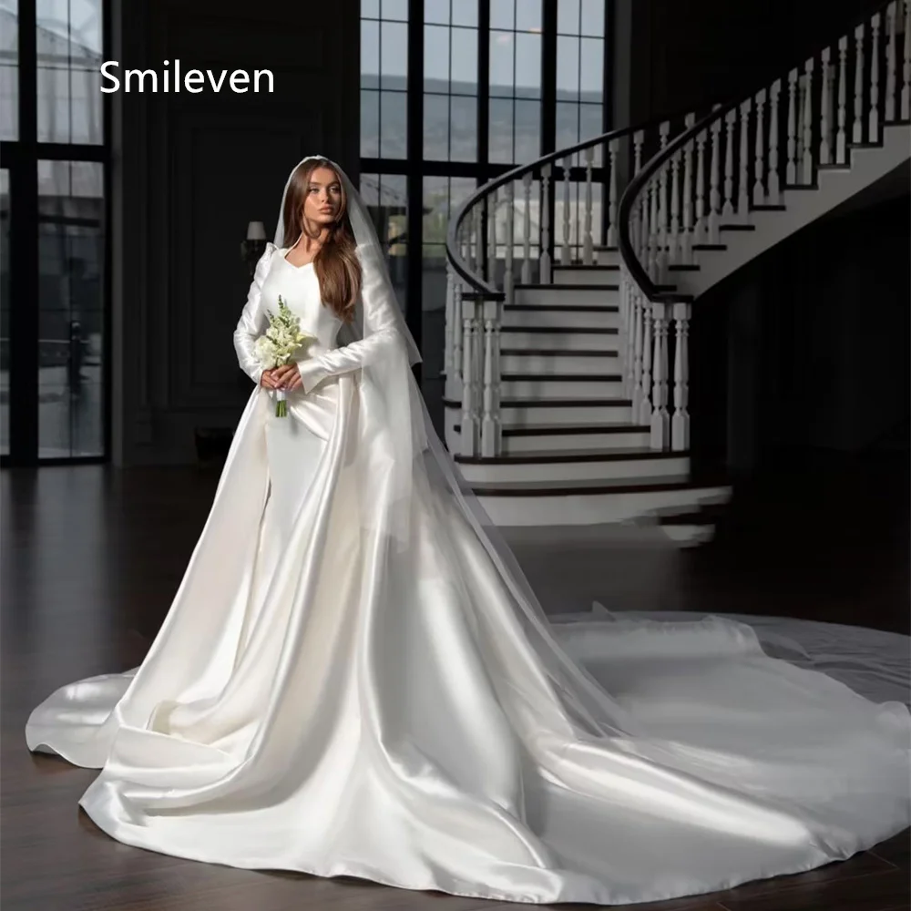 Smileven White Mermaid Overlay Train wedding Dresses V‑Neck Puff Sleeve Bridal Dress Draped Sash Chapel Train Gowns Customized