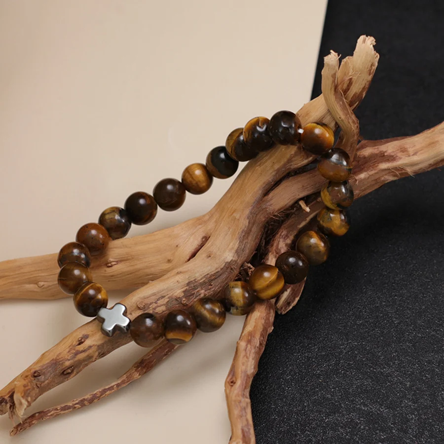 Stylish Natural Stone Cross Bracelet Men Grade A Wood Tiger Eyes Howlite Healing Hematite Beaded Charm Braclet Homme Hand Joias