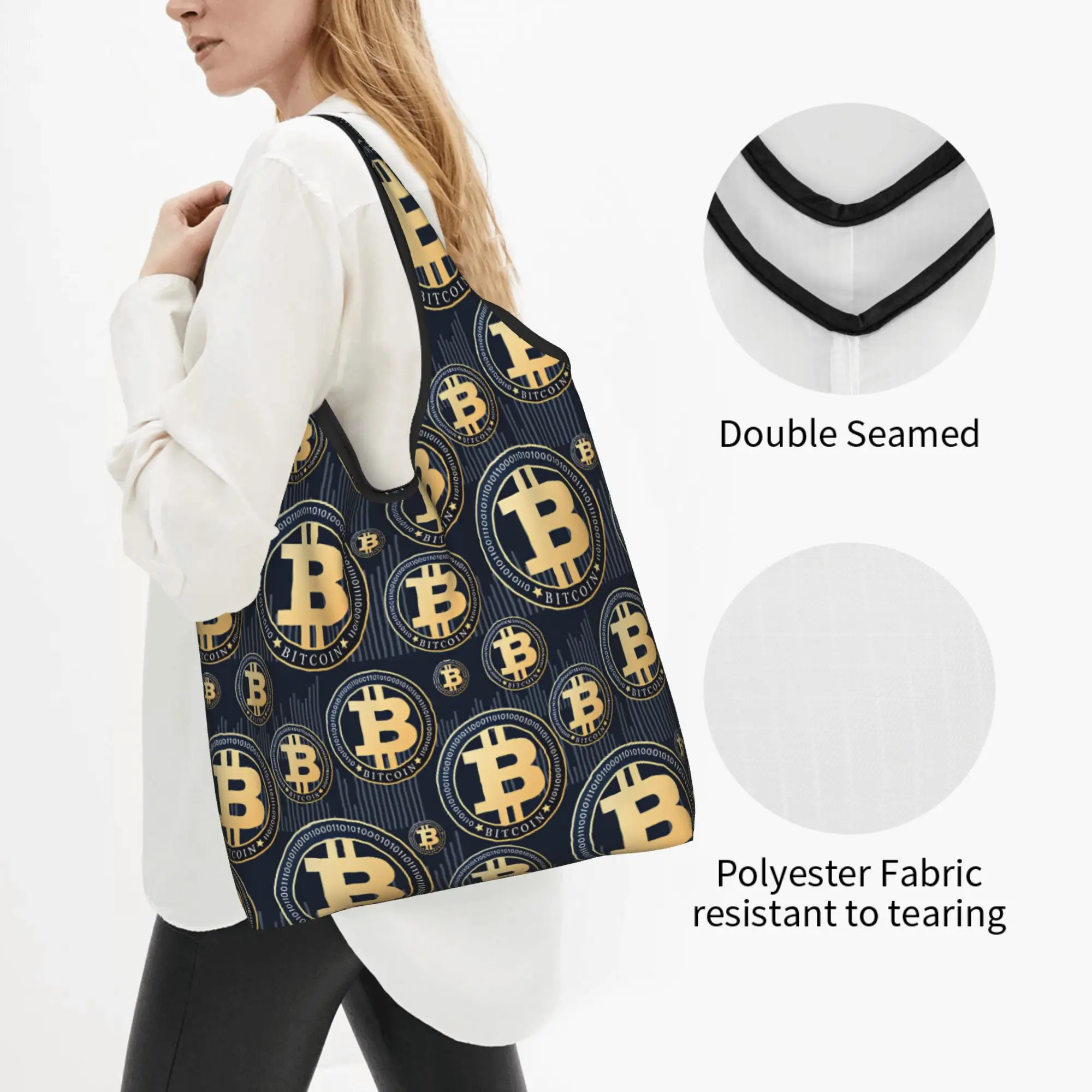 Crypto Virtual Currency Bitcoin Grocery Shopping Bag Fashion Shopper Tote Shoulder Bag Large Capacity Portable  Handbag