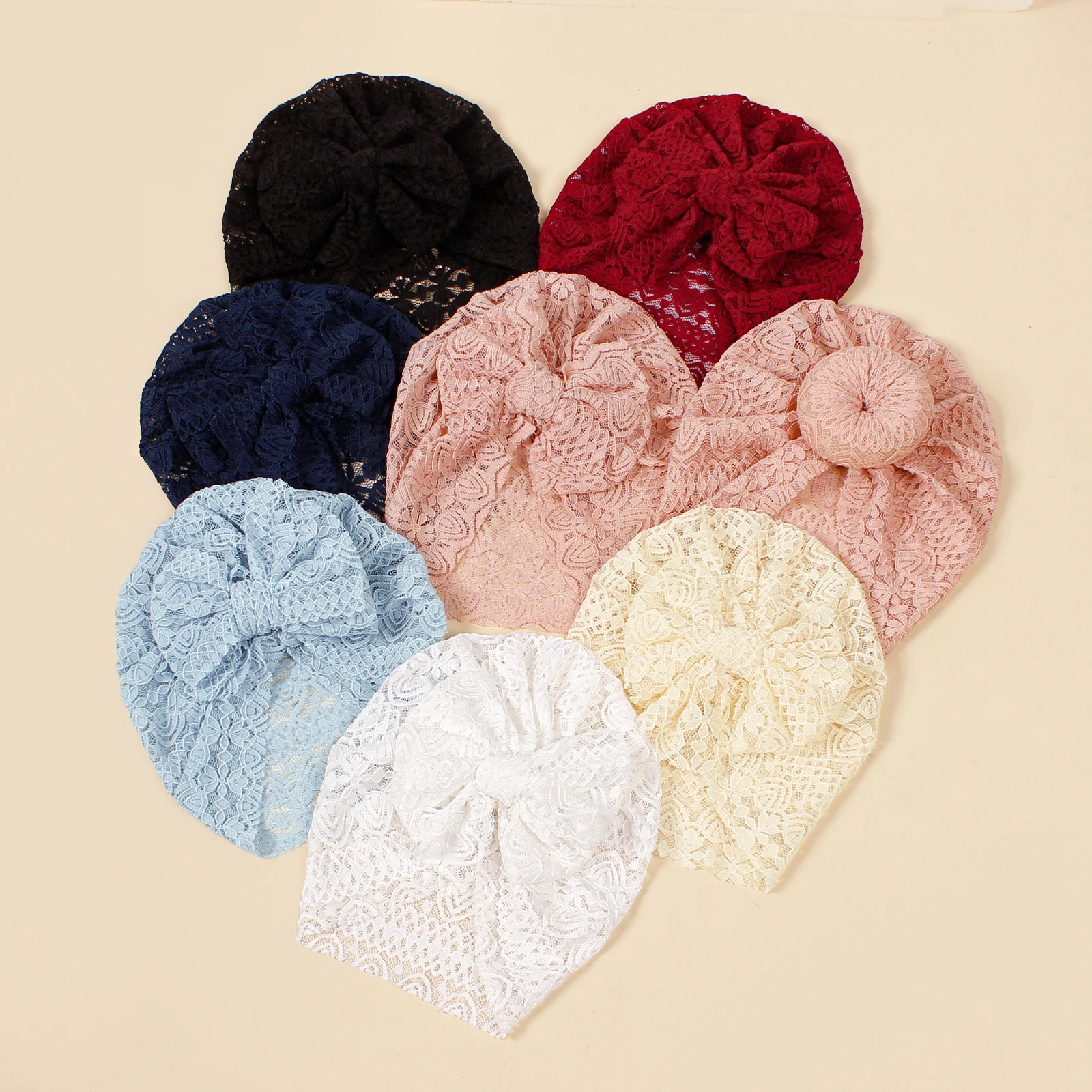 

Lace Embroidered Turban Hats for Baby Girls Beanie Caps Embroidered Bowknot Infant Indian Cap Newborn Headwear Donuts Bonnet Cap