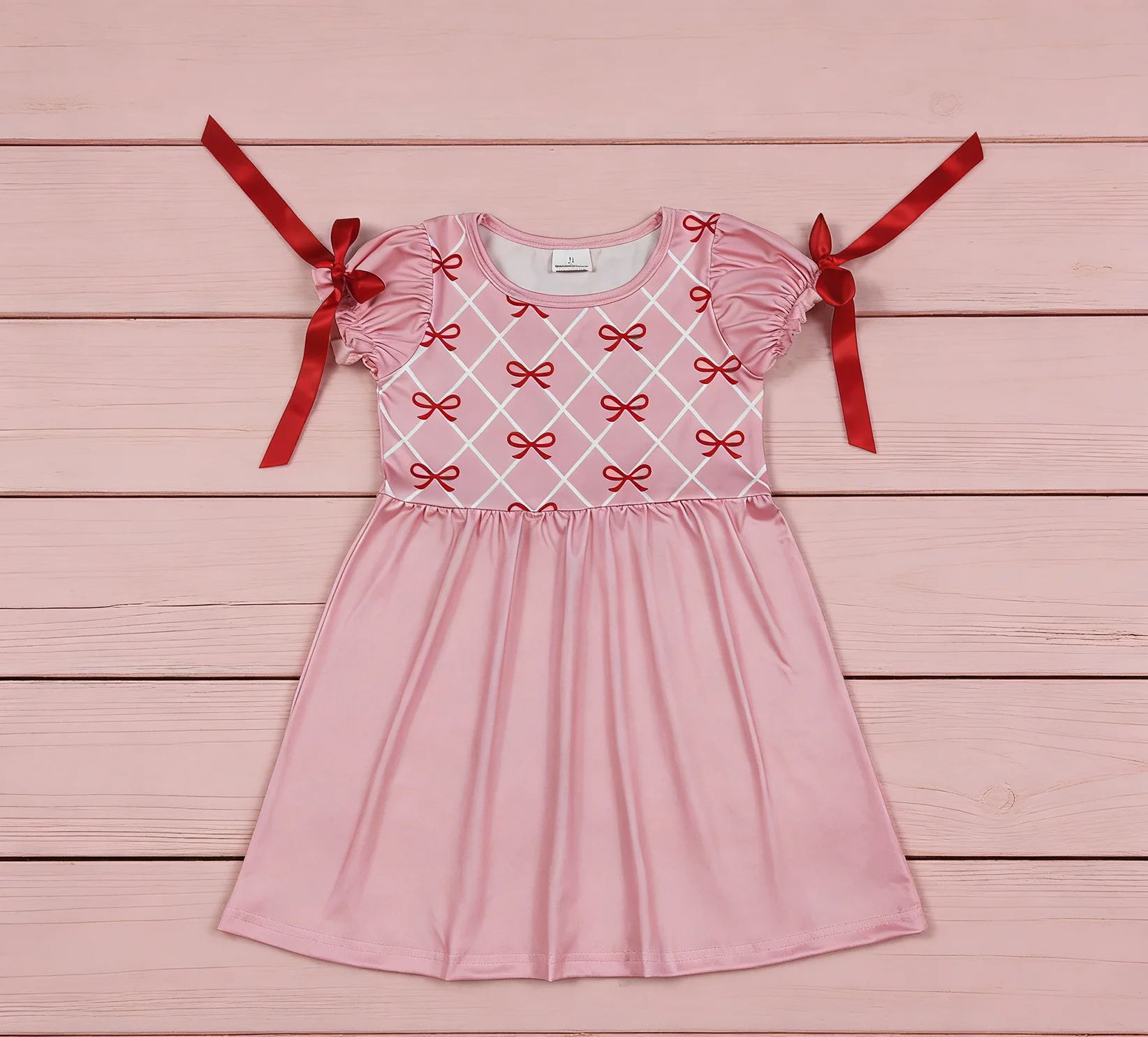 

Z1209-07 GSD2883 Kids Girls Clothes Short Sleeve Bows Print Baby Dress