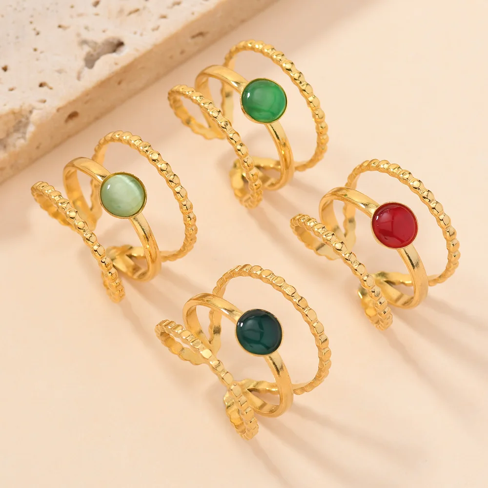 

10pcs 18K Gold Stainless Steel Ring Royal Jewelry Green Red Pink Gemstone Beads Adjustable Vintage Boho Rings for Women