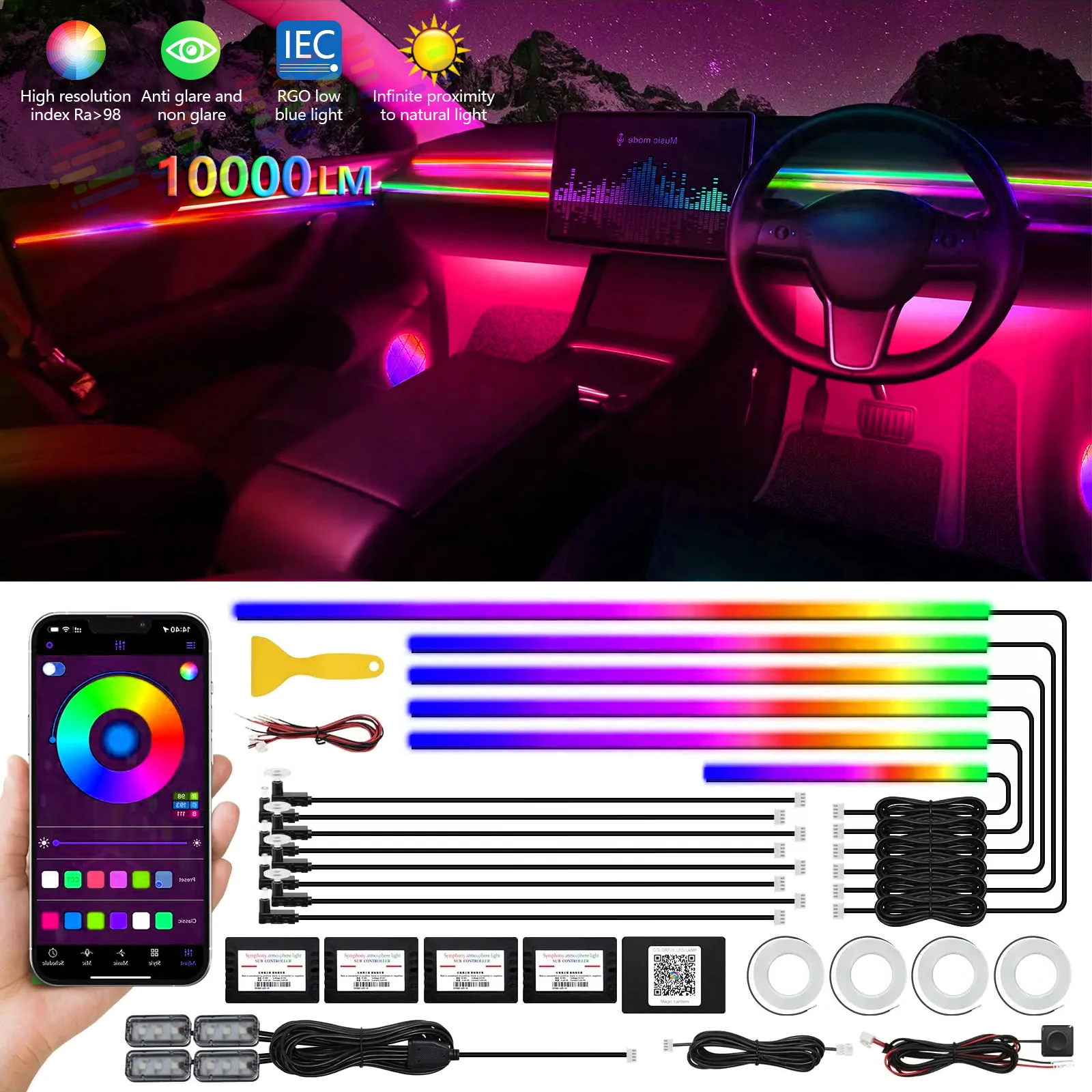 

Universal Symphony Car Ambient Lights 64 RGB Car Interior Acrylic Light Guide Fiber Optic Car Decoration Atmosphere Light 18 in1