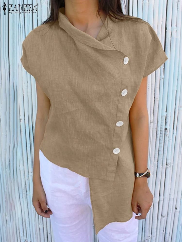 

ZANZEA женские рубашки с асимметричным подолом, повседневные сорочки с отложным воротником и короткими рукавами, Femme, лето 2021, уличная мода, однотонные топы