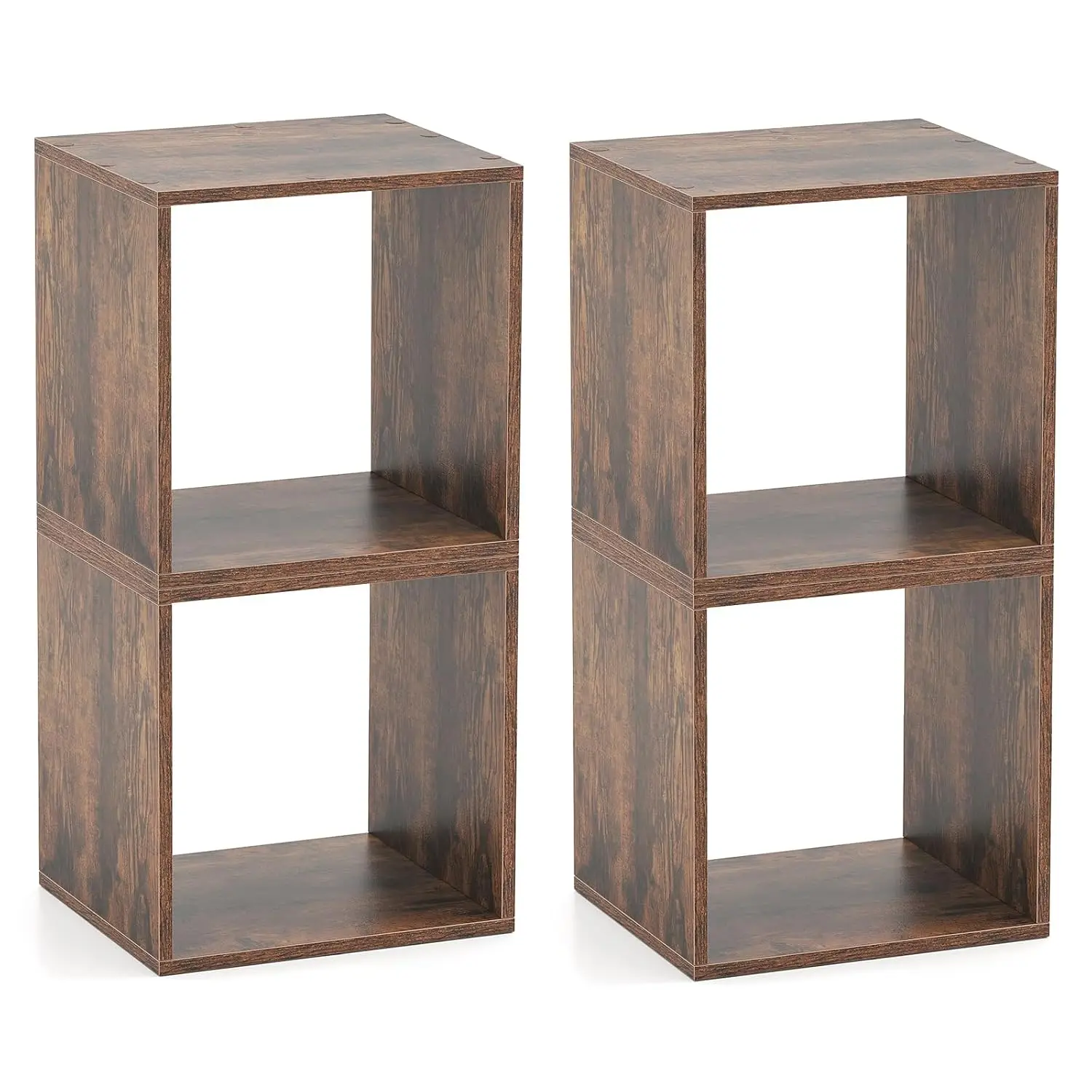 4 Stackable Storage Cube Organizer w/ 4 Open Shelves, Small Book Shelf for Bedroom & Living Room, Rustic Brown, Customized