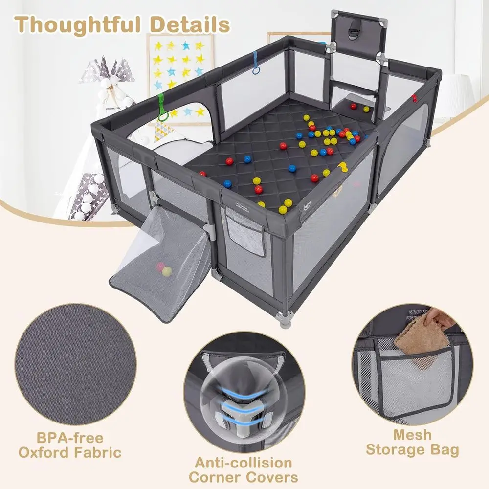 特大81x57ベビーサークル（バスケットボール、サッカー、メッシュ、ジッパー付きゲート付き）- 屋内外兼用幼児用プレイヤード