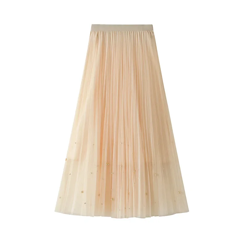New Yarn Skirt Spring Autumn Women's High Waist Slim A-line Skirt Studded Bead Pleated Mesh Mid Length Half Length Skirt