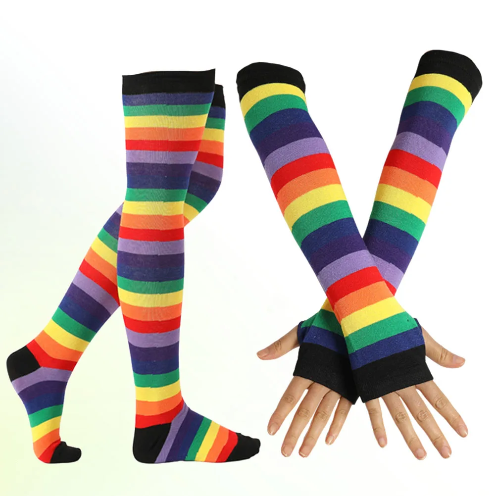 

2Pcs Bright Rainbow Stripes Knee High Socks Gloves Set Soft Elastic Warm Stockings for Women Dress Up Photography
