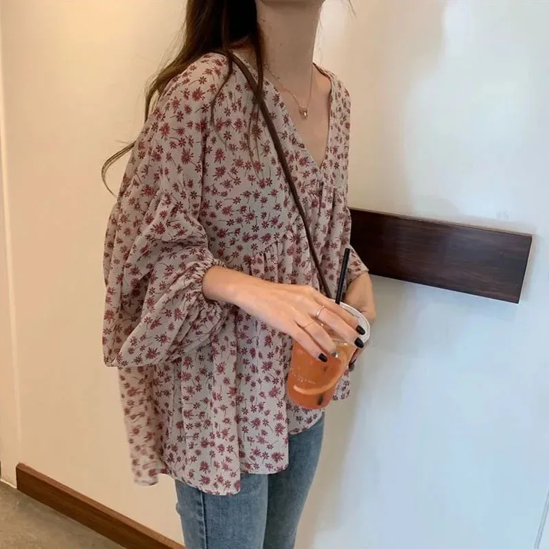 Women\'s Floral Print Chiffon Blouse, Loose V-neck Tops, Long Sleeve Shirts, All-Match, Simple, Elegant, Korean, New, 9307