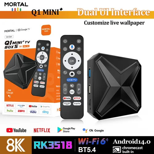 Imagen 1 del producto 2025 nuevo Q1 MINI + Smart Android 14 TV Box interfaz Dual UI WIFI 6 8K HDR USB3.0 Mini decodificador Global envío rápido