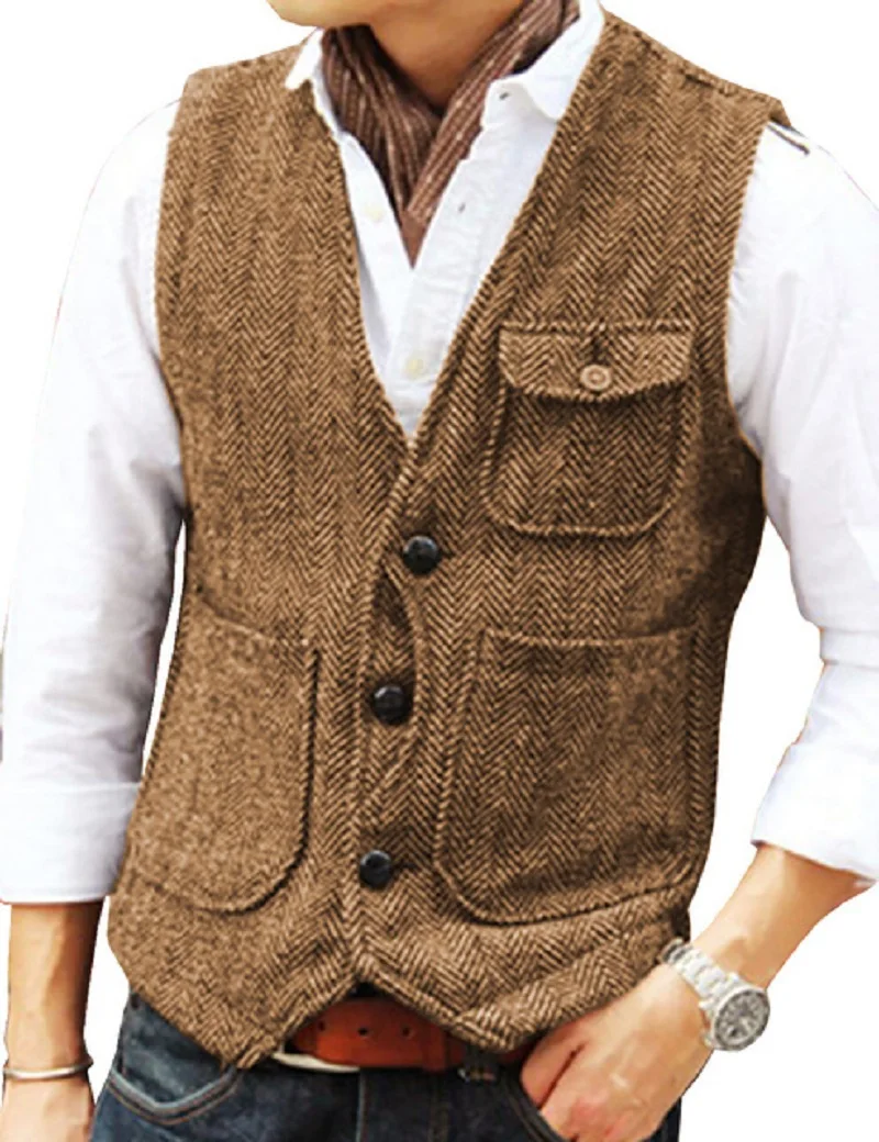 

Men Vest Brown Herringbone V Neck Single Breasted Retro Vest Male Gentleman Business Waistcoat For Wedding