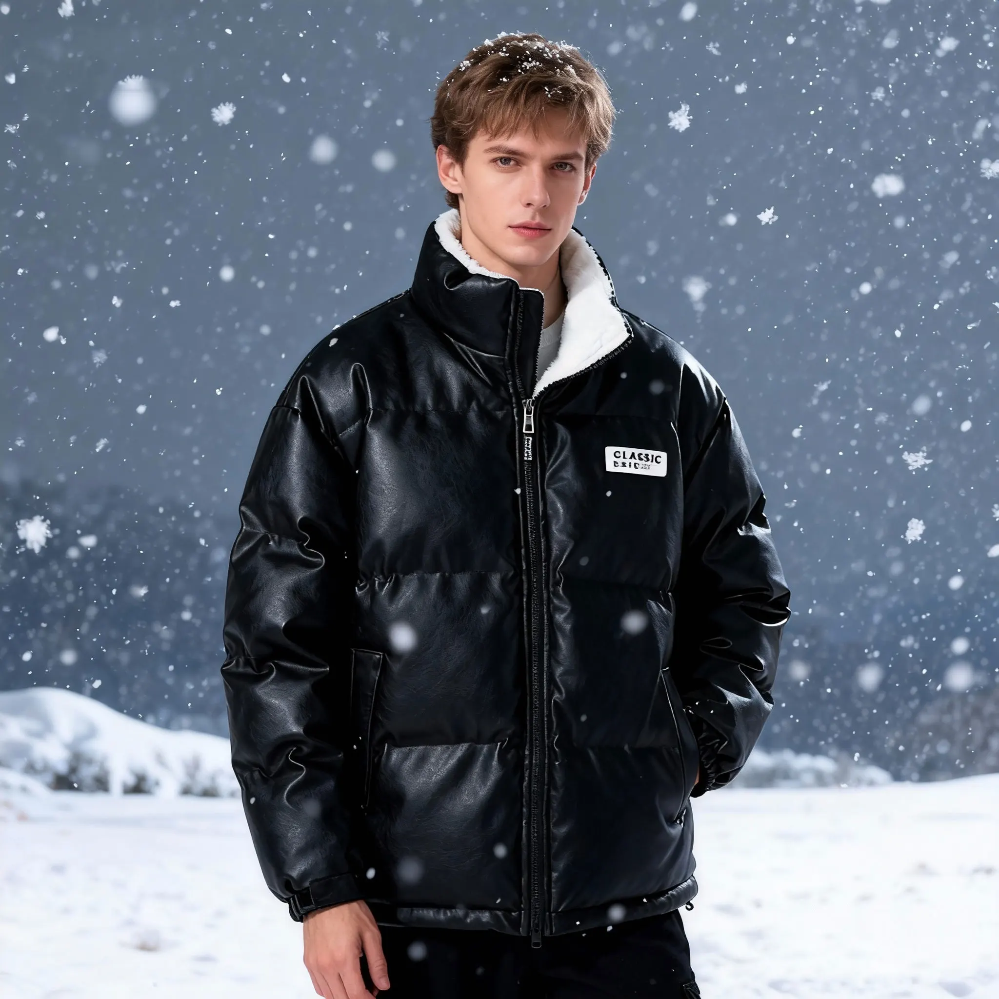 

Unisex Winter Snow Jacket PU Parka Men Leather Lamb Wool Thick down Puffer Coat Windproof Waterproof for Cold Weather