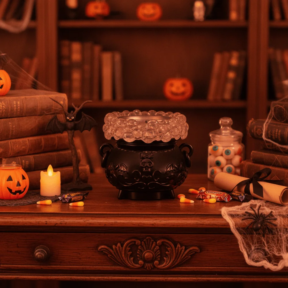 Color-Changing LED Lights Halloween Glowing Bubble Witch Crucible with Remote Control Relief Pattern Crucible Candlestick Resin