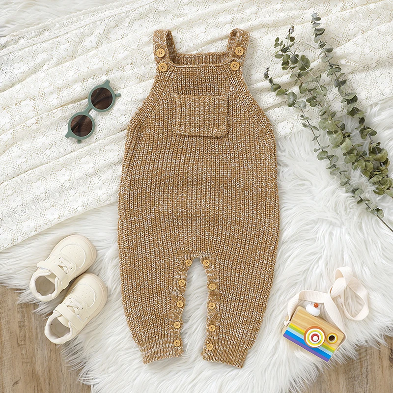 Baby Romper Knitted Newborn Boy Girl Jumpsuit Sleeveless Infant Chlidren Sling Clothing 0-18M Overalls Fashion Solid Cute Pocket