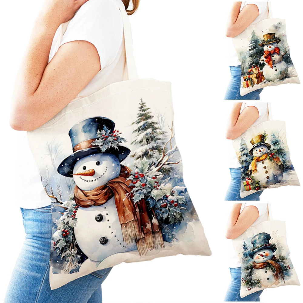 

Merry Christmas Children Gift Cartoon Snowman Women Shopping Bags Cloth Double Print Canvas Girl Shopper Bag Lady Shoulder Tote