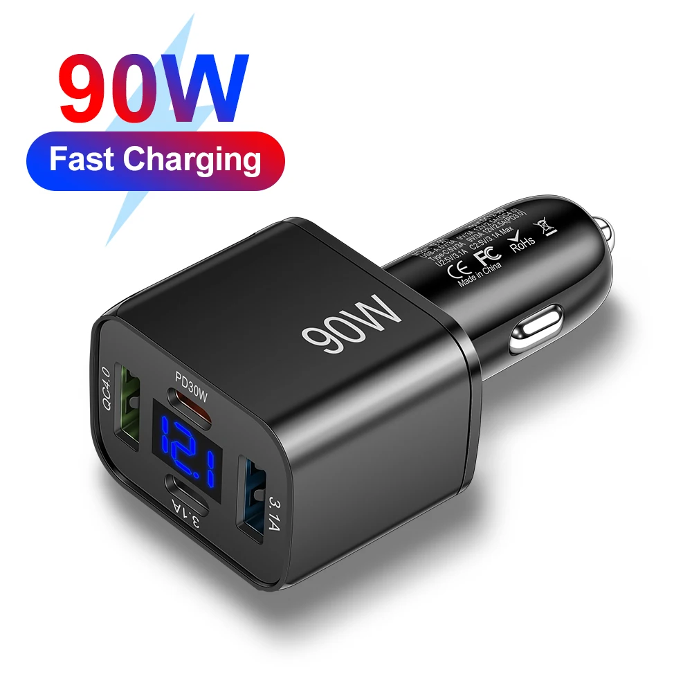 90 W Auto Ladegerät Schnell Ladestecker Feuerzeug Adapter 4 Port USB-C Schnellladung Telefon Ladegerät für iPhone Xiaomi Samsung