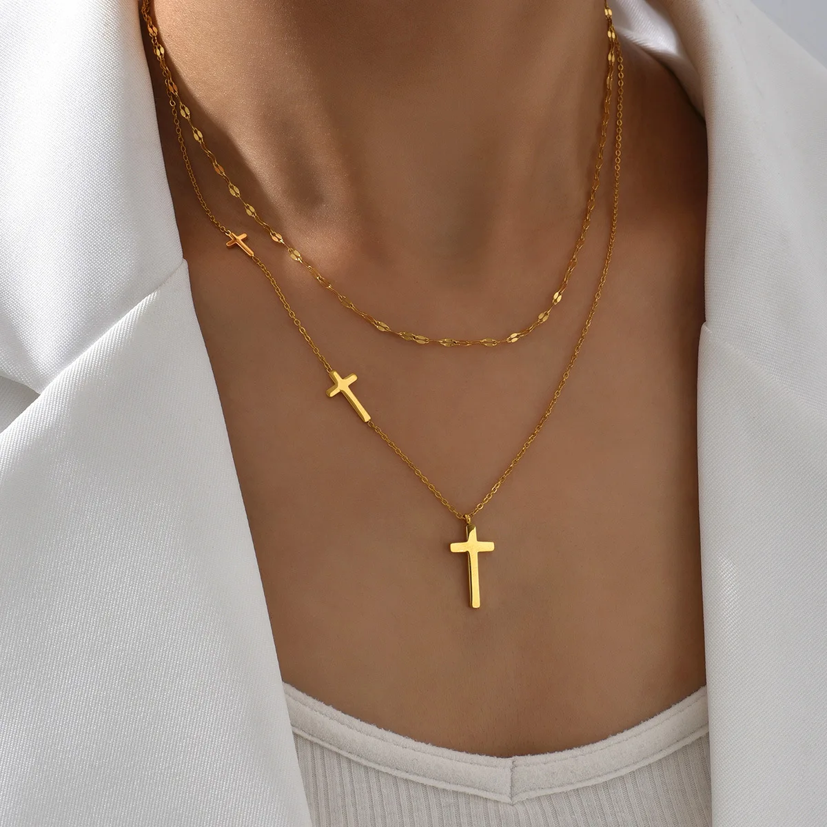 Kuziduocai 316L Stainless Steel New Fashion High-end Jewelry Double-layer Cross Choker Collier Necklaces & Pendants For Women