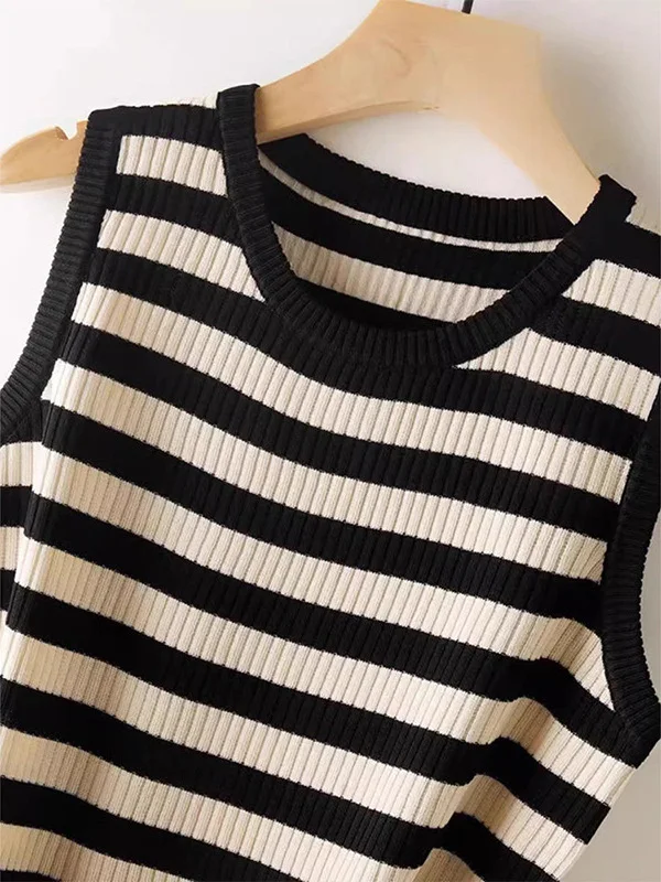 

Повседневный вязаный жилет в полоску для женщин, топ с круглым вырезом, базовый слой под костюм, прямой крой, для офиса