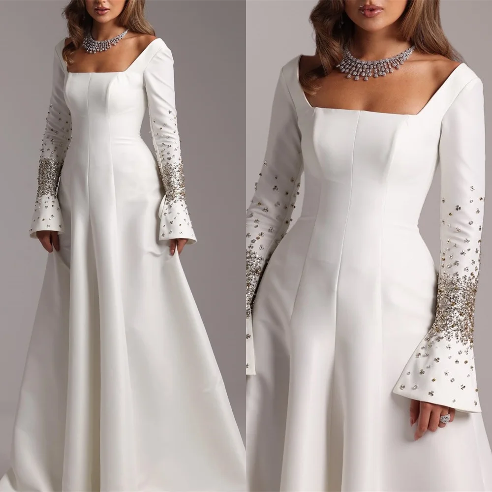 

Customized Classic White Jersey Evening Dress Classic Square Collar Long Sleeves Homecoming Dresses Elegant Vestido De Festa