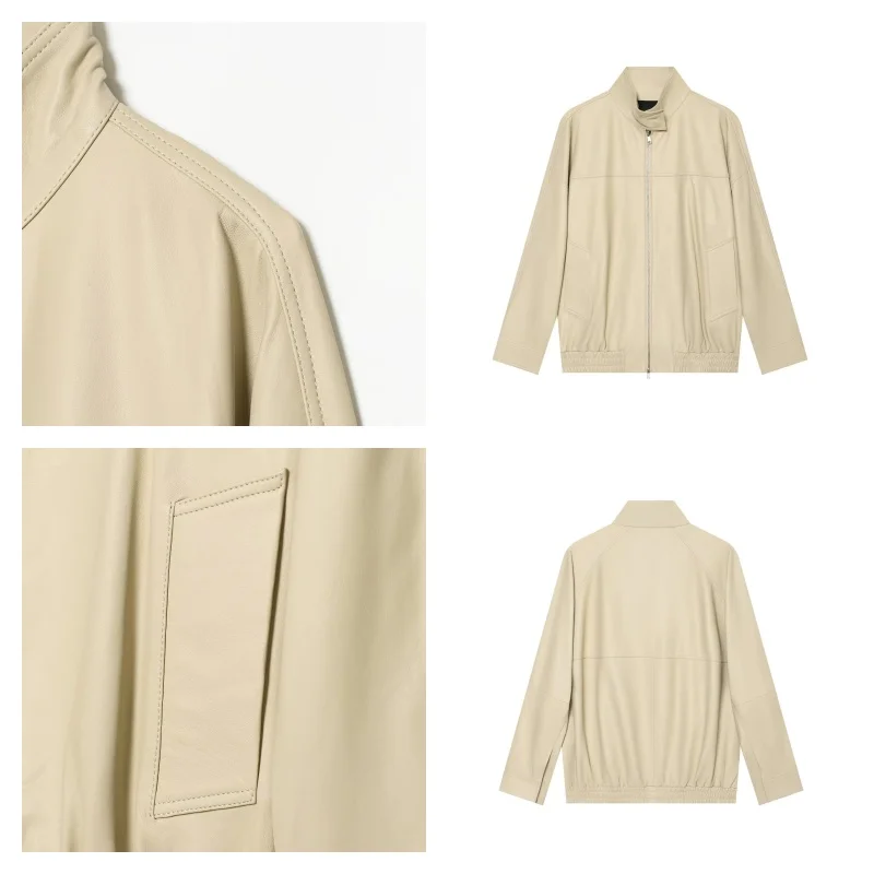 2026 Women Faux Leather Bomber Jacket Stand Collar Zip Up Oversized Elastic Hem & Cuffs Minimalist Casual PU Leather Outerwear