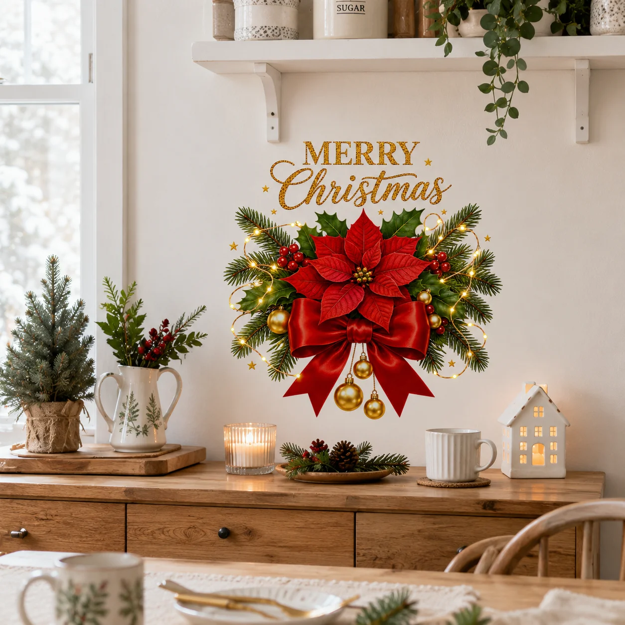 Merry Christmas Wall Decals Xmas Poinsettia Red Bow Holly Berry Bauble Holiday Toilet Lid Bathroom Sticker Decor