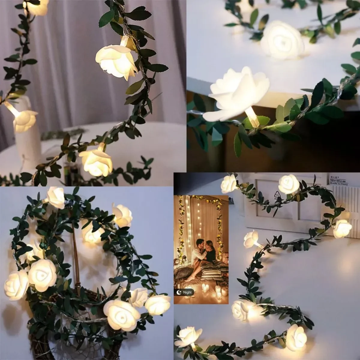

LED White Rose Vine String Lights 2m/3m/6m - Battery Fairy Lights for Wedding Garden Home Decor Courtyard Garden Decorative Lamp