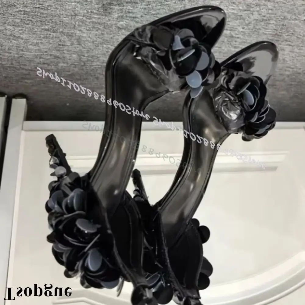 

Black Sequins Patent Leather Sandals Stilettos High Heel Women Shoes Ankle Buckle Strap Open Toe Gorgeous Stylish Sandals