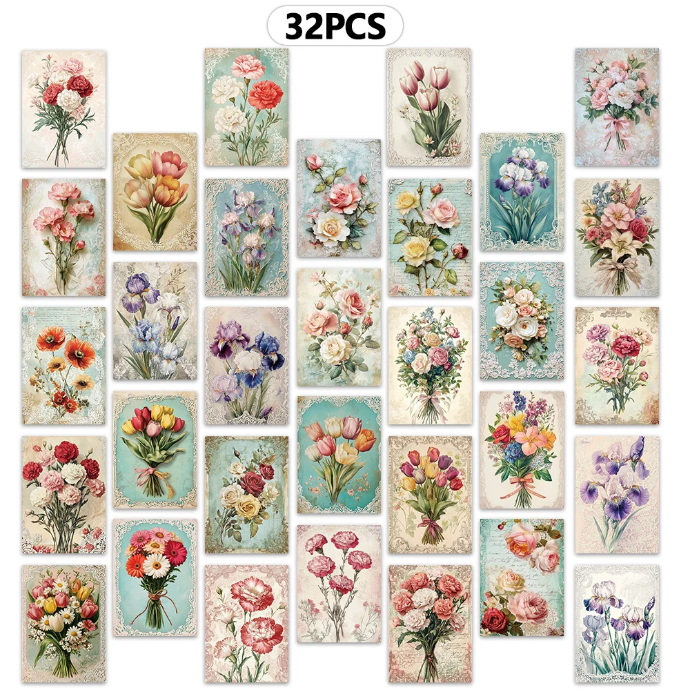 32개 빈티지 꽃다발 엽서, 꽃 테마 인사말 카드, 벽 스티커, 침실 장식, 복고풍 엽서 시리즈.