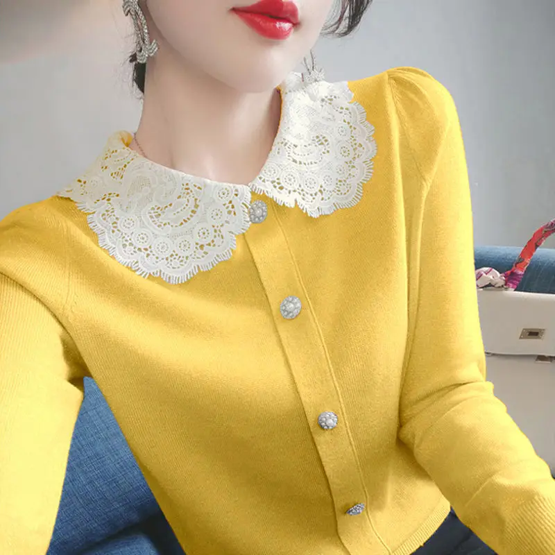 Sweet Peter Pan Collar Button Knitted Spliced Lace Blouse Female Clothing 2022 Autumn New Loose Casual Pullovers Korean Shirt