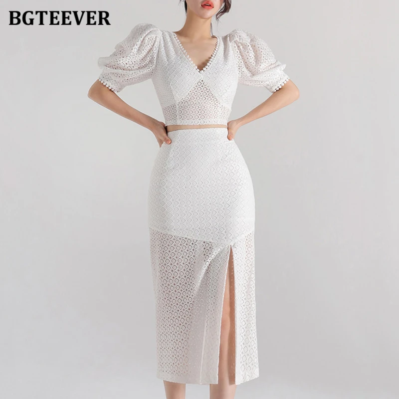 

BGTEEVER Elegant Slim Women 2 Pieces Skirts Set V-neck Puff Sleeve Tops & High Waist Split Package Hip Skirts Ladies Outfits