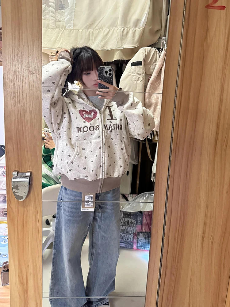 

Женская толстовка с капюшоном в стиле ретро в американском стиле, свободная посадка, ленивый повседневный длинный свитшот на молнии с сердечком собаки