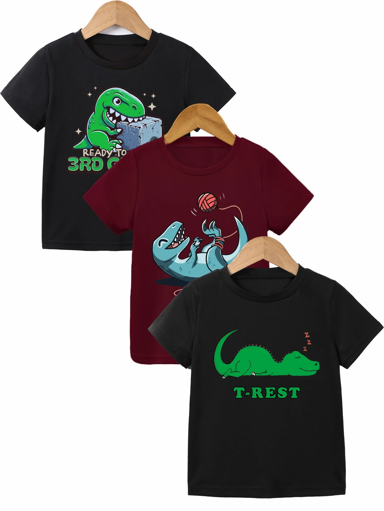 

3 шт.: Летняя повседневная футболка для мальчиков — принт «Непослушный динозавр» с рисунком