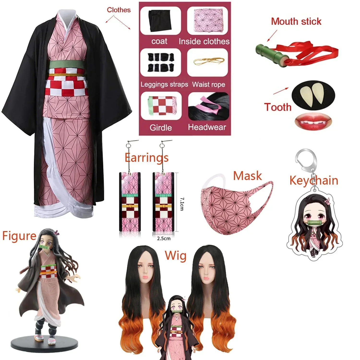 Adult Kids Anime   Kamado Nezuko Costume Cosplay Earrings Figure Mask Keychain Shoes Wig Tooth Woman Girl Kimono Gift view 5