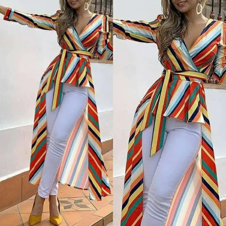 

Women's Multicolor Striped Wrap Maxi Dress Long Sleeve and Belted Waist Design